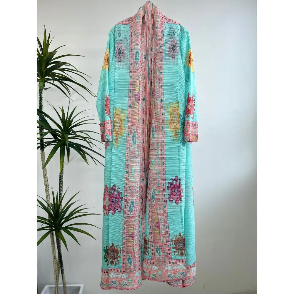 Miyake Pleated Women's Long Cardigan Windbreaker Coat Autumn New Ethnic Style Printing Loose Plus Size Dress Cloak Robe