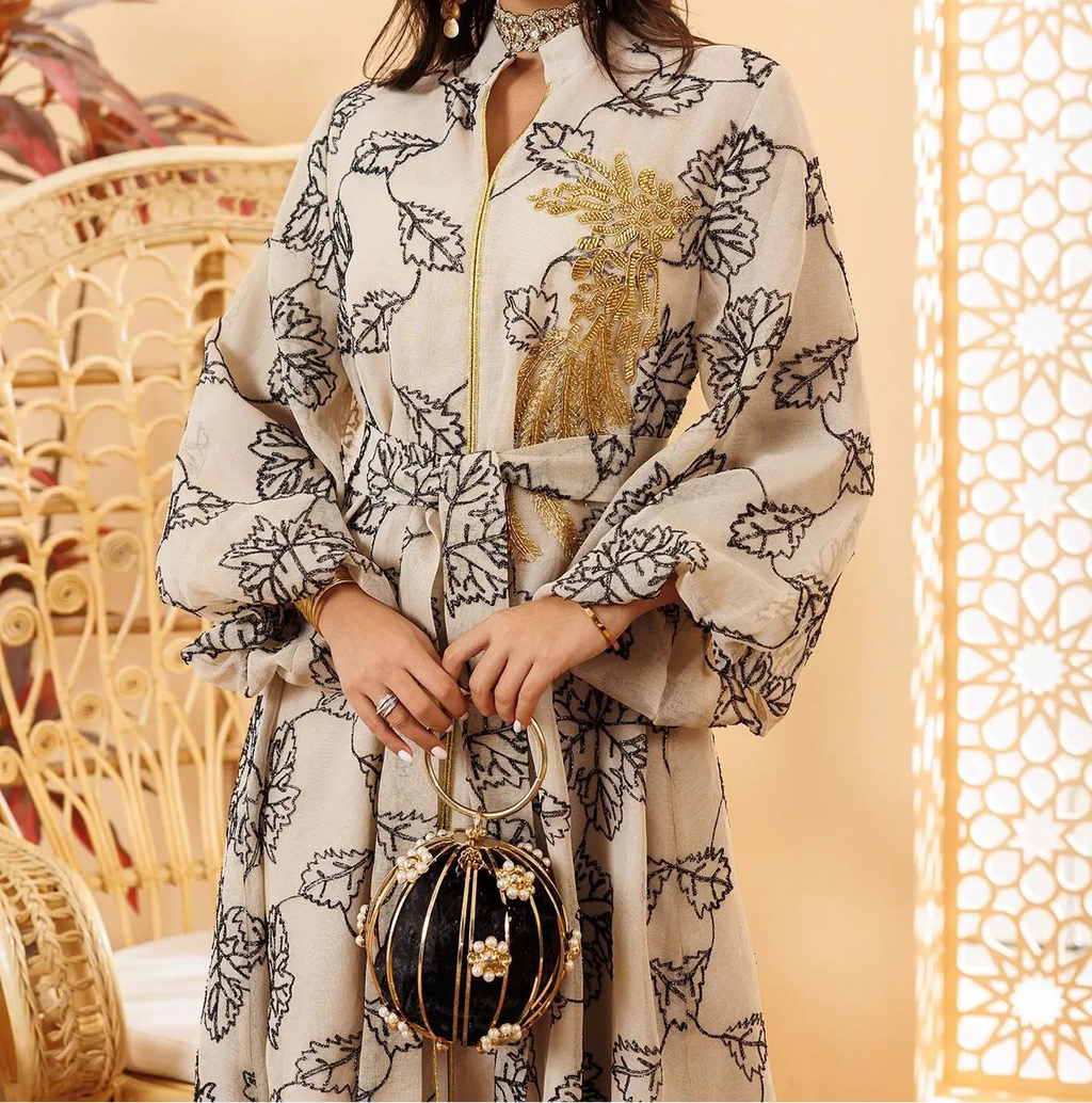 Luxury Muslim Abaya White Base Gold Floral Embroidered Long Dress with Belted Waist Elegant Modest Islam Formal Wear  Dubai