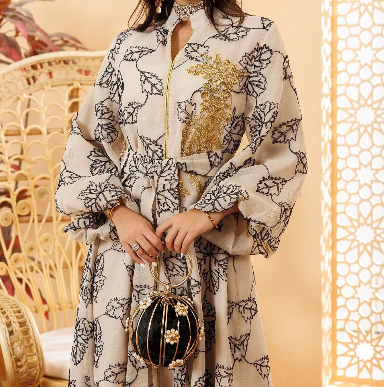 Luxury Muslim Abaya White Base Gold Floral Embroidered Long Dress with Belted Waist Elegant Modest Islam Formal Wear  Dubai