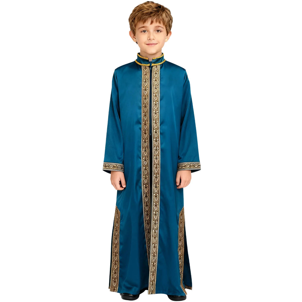 Boys Islamic Robe Kaftans Arab Gown Long Sleeves Slit Zipper Gold Embroidery Maxi Muslim Thobe Kids Festival Holiday Costume
