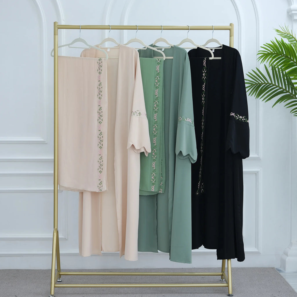 Embroidery Open Abaya and Hijab 2 Piece Set Muslim Dress Abayas for Women Dubai Luxury Islamic Clothing Kaftan Robe Ramadan Eid