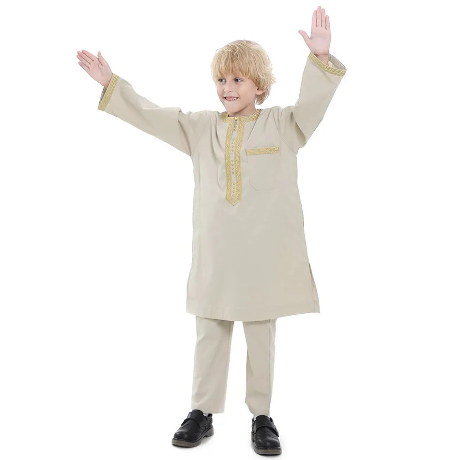 Ramadan Eid Muslim Boys Clothing Set Arab Thobe 2-Piece Outfit Long Sleeve Traditional for Kids Summer National Festival Costume