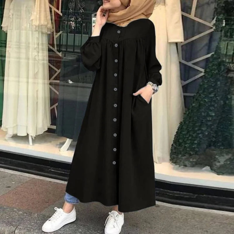 Casual Long Sleeve round Neck Pocket Women's  Muslim Fashion Comfortable Commuting Style Polyester Fiber D...