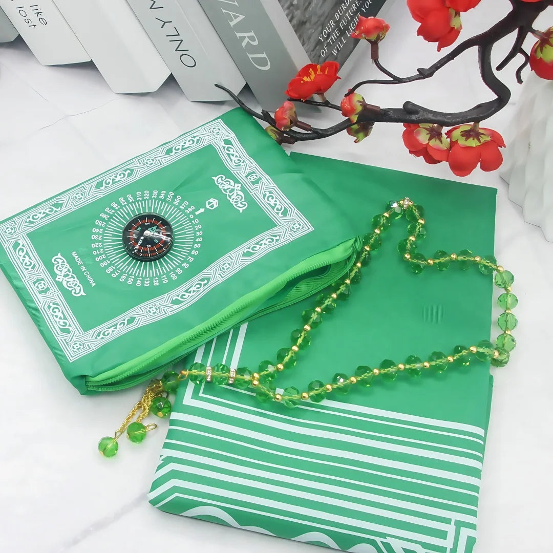 Travel Prayer Mat Rug With Prayer Beads Pocket Travel Foldable Portable Muslim Prayer Carpet with Compass Praying Rug