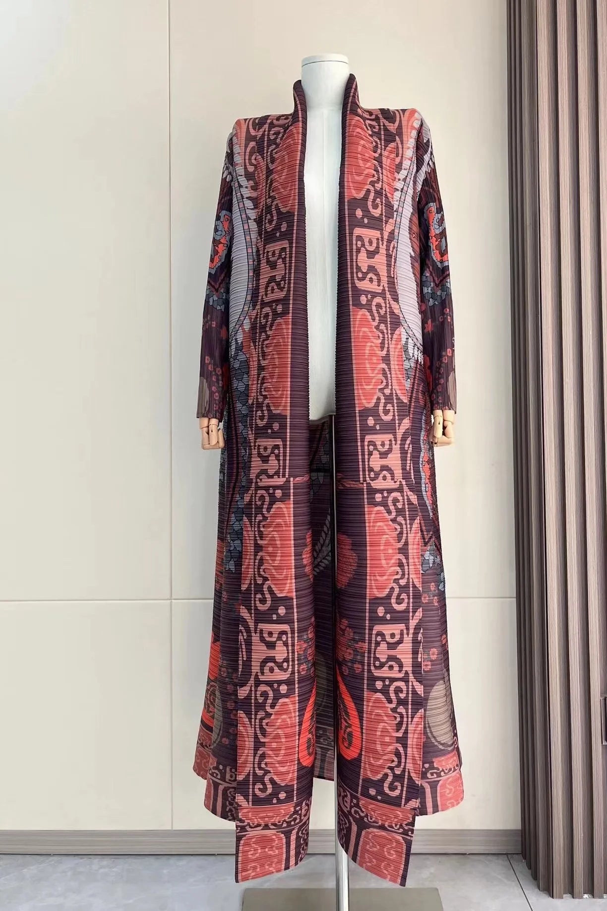 Miyake Pleated Women's Long Cardigan Windbreaker Coat Autumn New Ethnic Style Printing Loose Plus Size Dress Cloak Robe