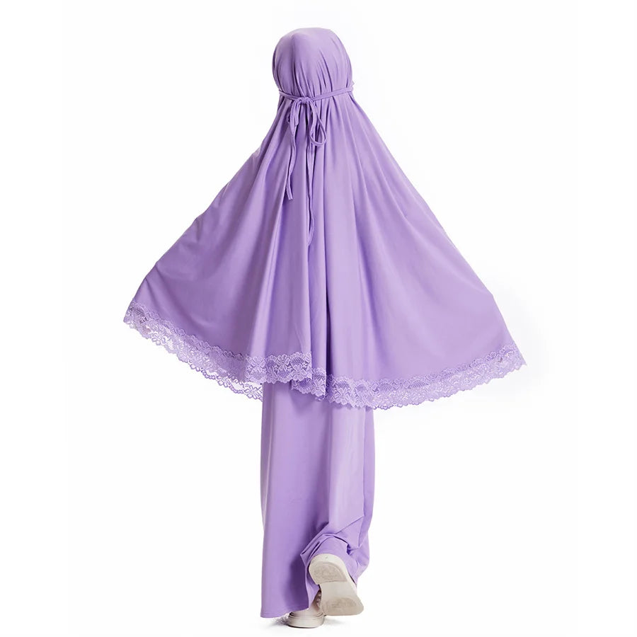 Ramadan Eid Kaftan Girls Khimar Abaya Set Kids Dubai Turkey 2 Piece Hijab Muslim Dress Islam Khimar Skirt Robe Prayer Clothes
