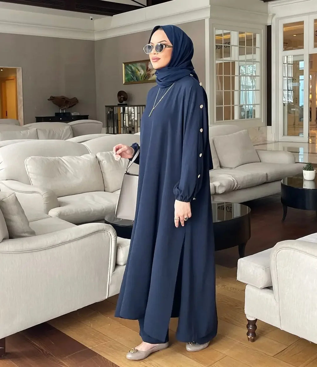 New Muslim Women's Long Bubble Sleeve round Neck Gold Button Loose Casual Fashion Solid Color Set with Pocket