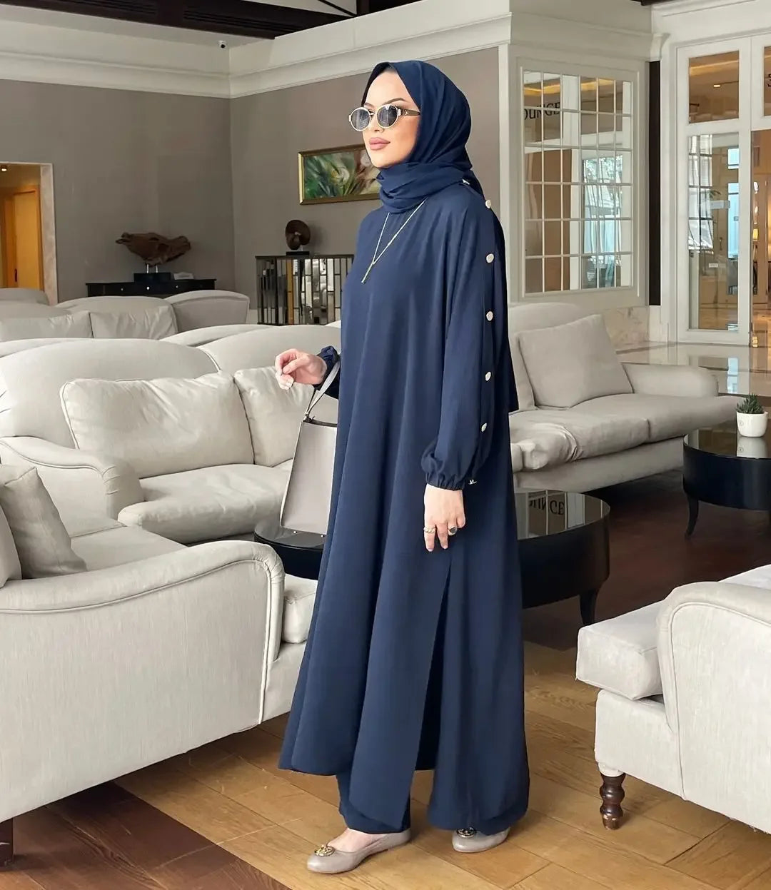 New Muslim Women's Long Bubble Sleeve round Neck Gold Button Loose Casual Fashion Solid Color Set with Pocket