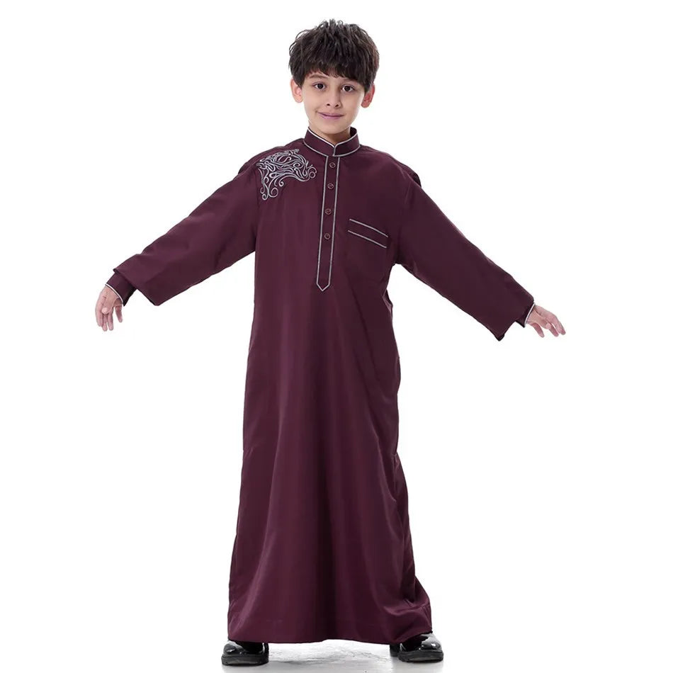 2025 New Kids Robe Children Embroidery Outfit Boys Ramadan Thawb Teens Long Sleeve National Clothes Arab Muslim Thobe 5-12 Years