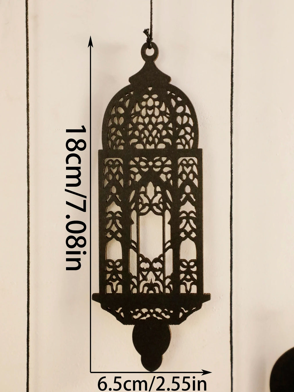Islamic Moon and Lantern Wall Hanging - Black Wooden Laser-Cut Crescent Moon with Stars Tassels，Eid Home Decor Moroccan Lanterns