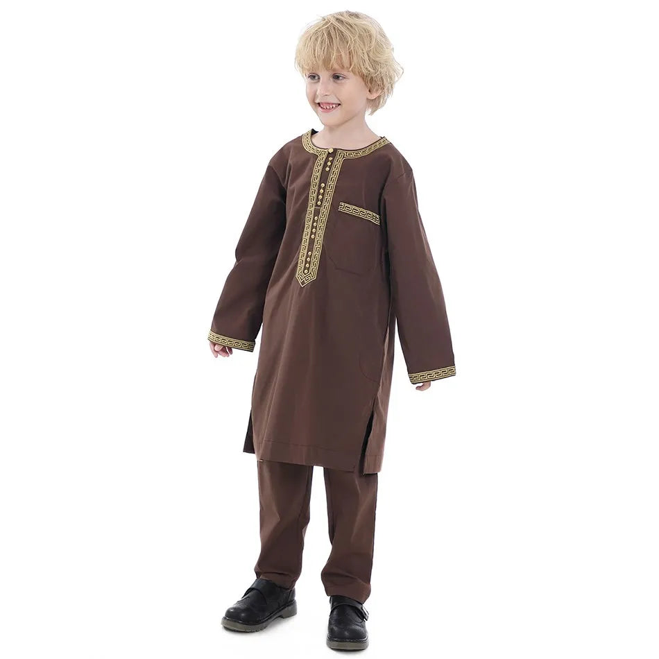 Ramadan Eid Muslim Boys Clothing Set Arab Thobe 2-Piece Outfit Long Sleeve Traditional for Kids Summer National Festival Costume