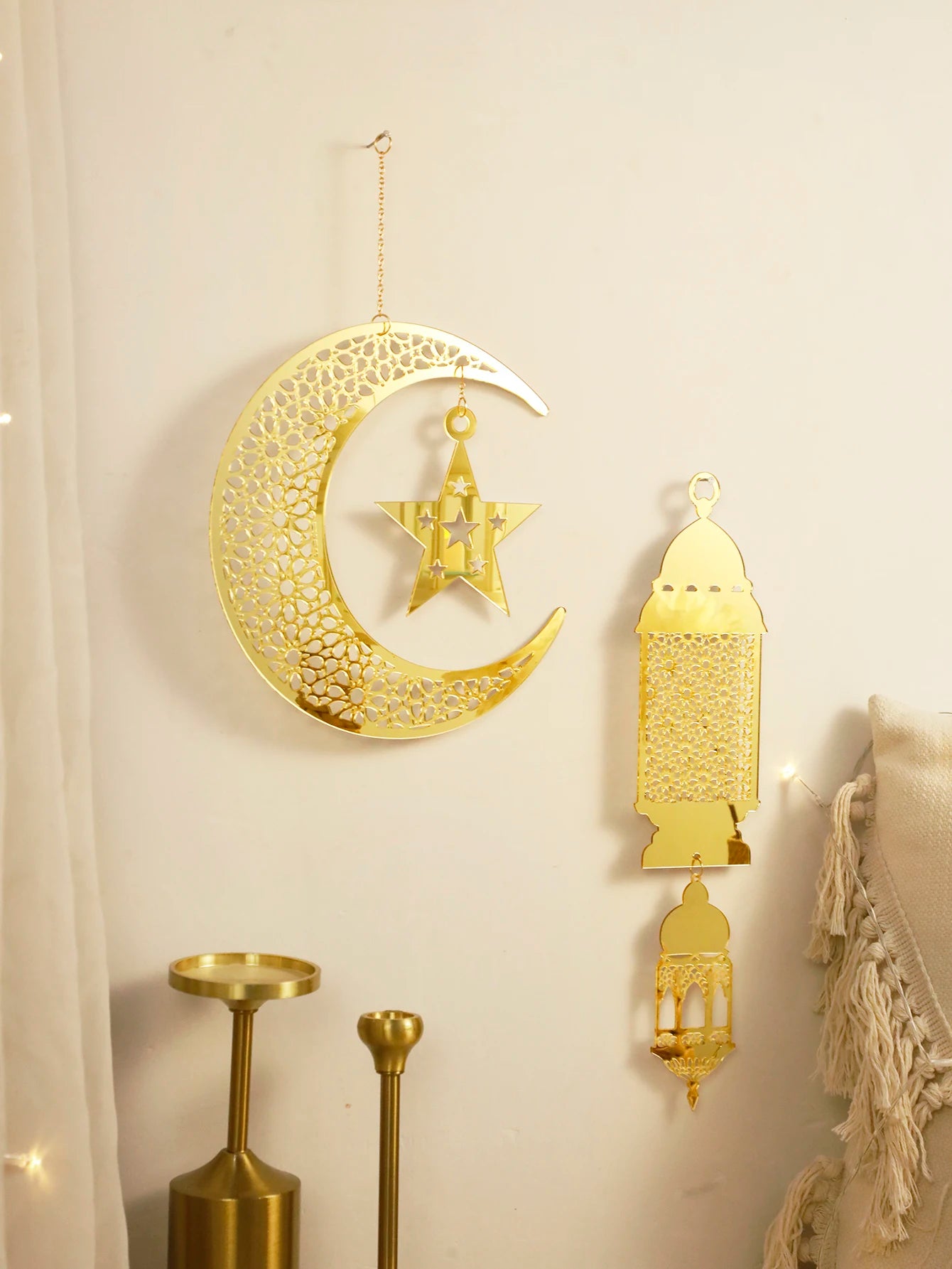 Gold Ramadan Acrylic Moon Hanging Ornaments with Hollow Mesh Star，Eid Mubarak Muslim Decor，Lanterns Wall Decor，Ramadan Kareem