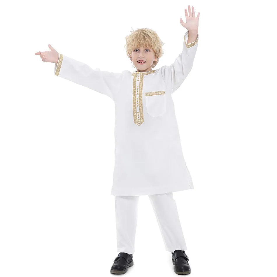 Ramadan Eid Muslim Boys Clothing Set Arab Thobe 2-Piece Outfit Long Sleeve Traditional for Kids Summer National Festival Costume