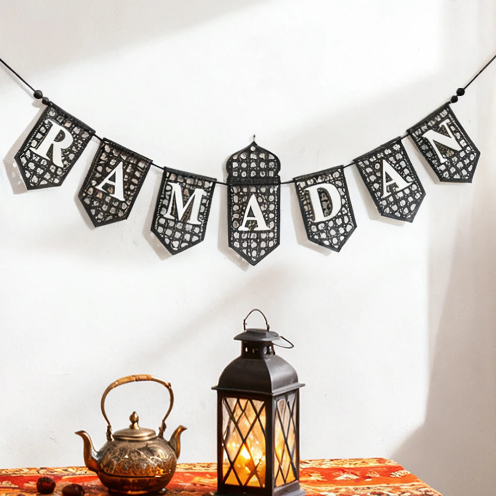 Ramadan Mubarak Banner - Hollow Lantern Hanging Garland for Islamic Muslim Eid Festival Home Party Ornament Wall Decor Supplies
