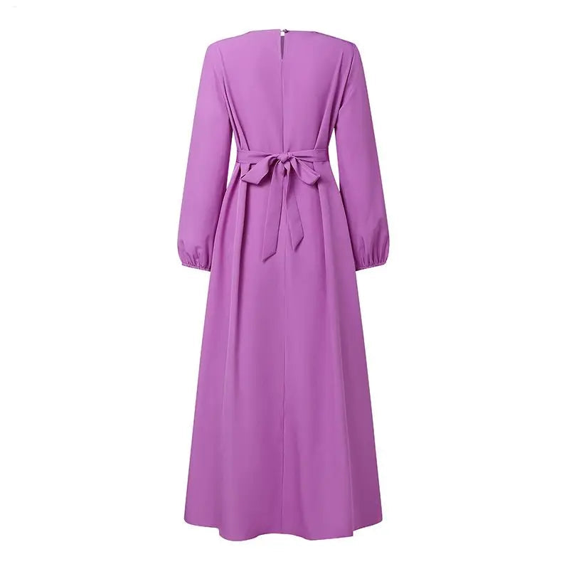 Dresses Modest Ruffles Trim O-Neck Lantern Sleeve Tied-Back Maxi Dress Muslim Woman Clothes 3XL