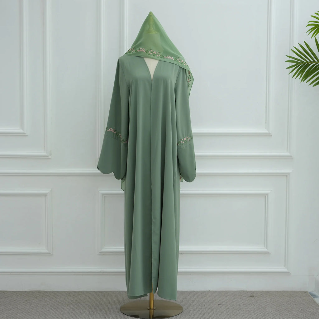 Embroidery Open Abaya and Hijab 2 Piece Set Muslim Dress Abayas for Women Dubai Luxury Islamic Clothing Kaftan Robe Ramadan Eid