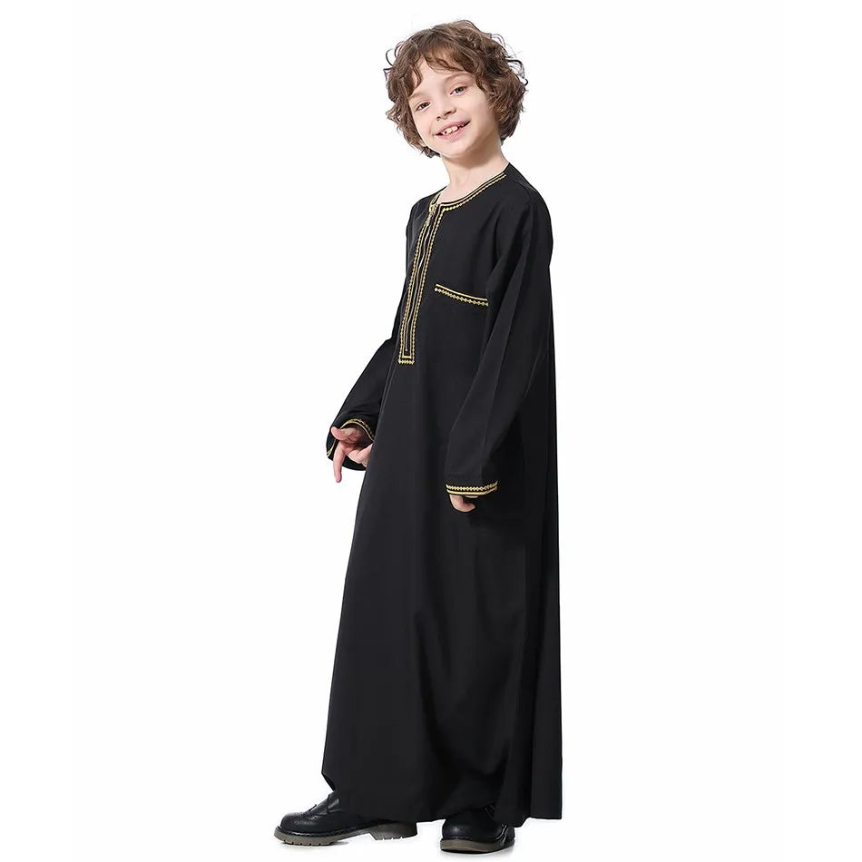 2025 New Children Thawb Teens Summer Muslim Robe Kids Arab Folk Clothes Boys Solid Color Thobe 5-14 Years National Outfit