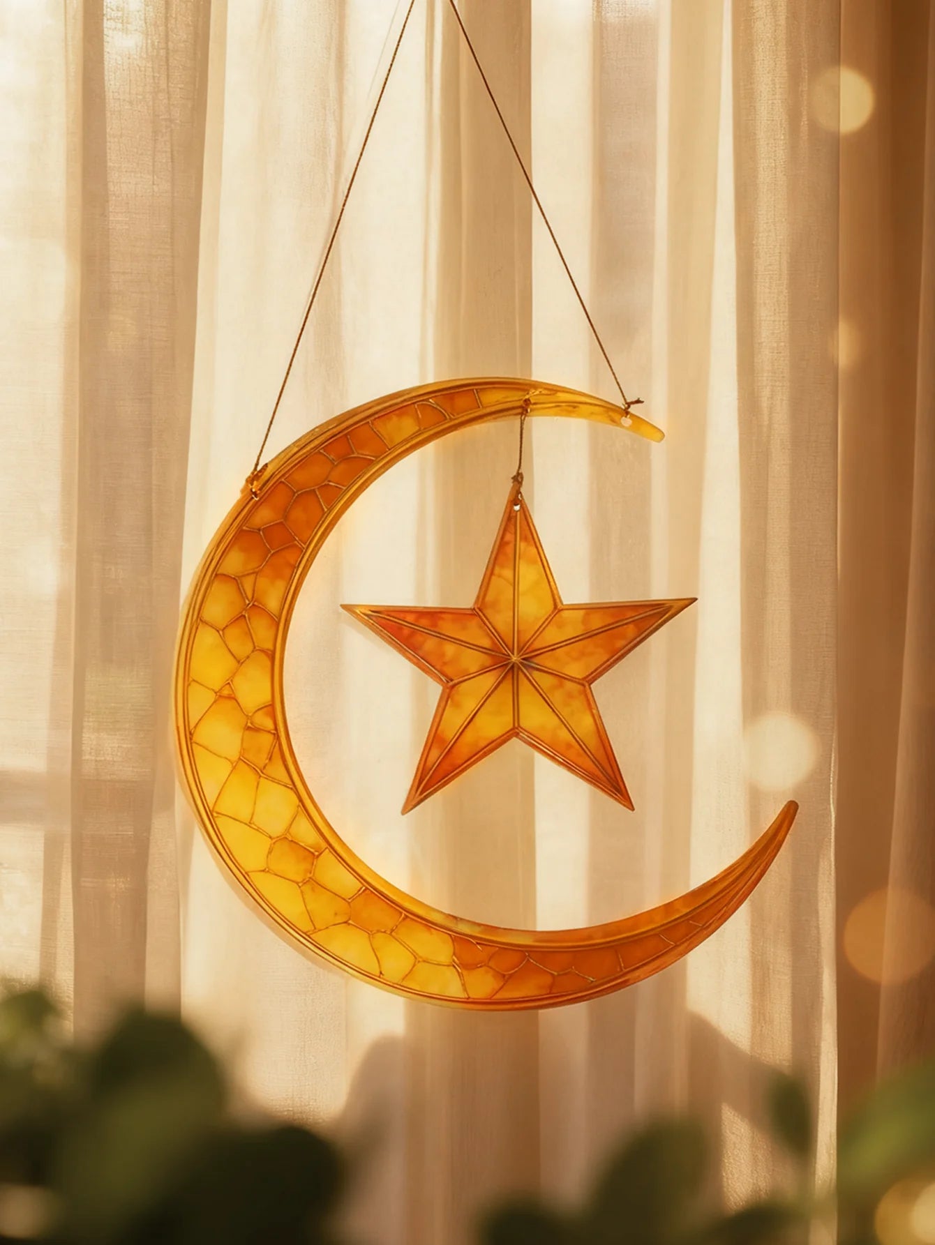 Islamic Moon Star Lantern Hanging Decor - Acrylic Eid Mubarak Ornament for Ramadan Kareem Muslim Festival Home Window Wall Decor