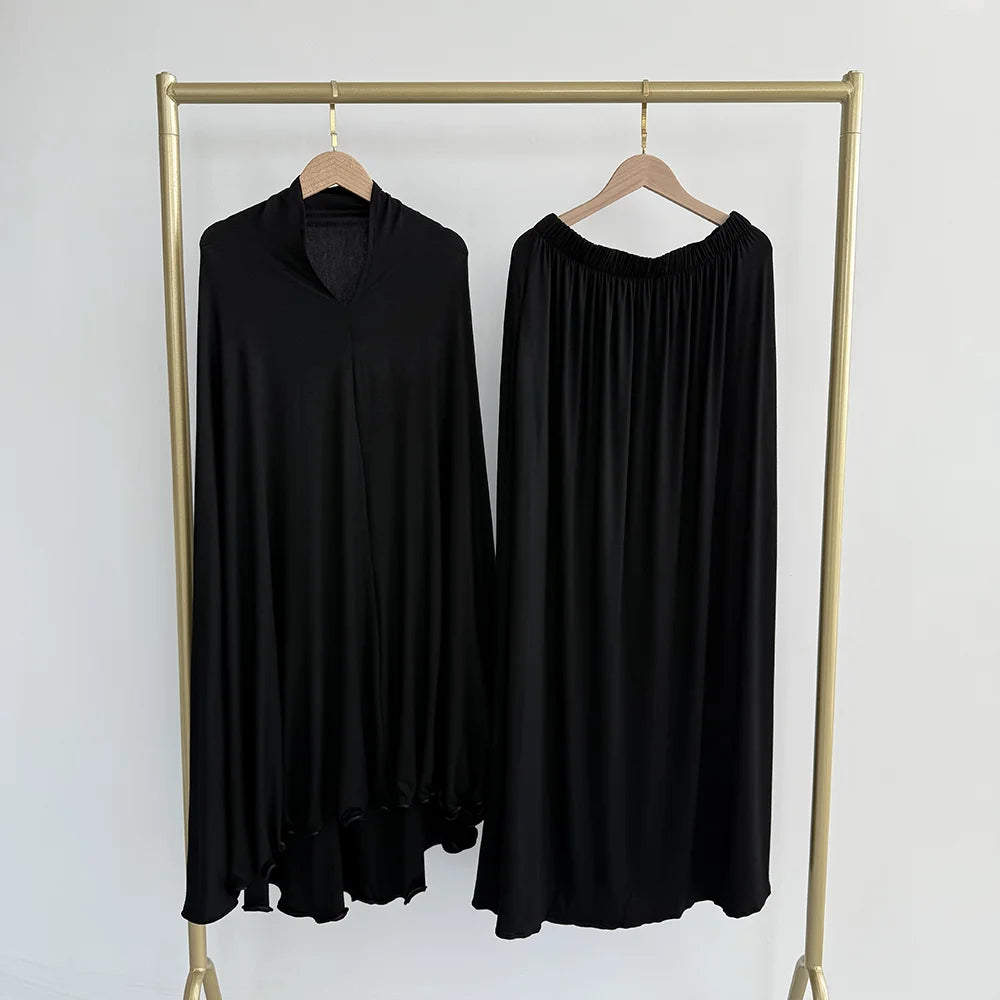 Cotton Jersey Prayer Set Stretchy EID Ramadan Islam Muslim Women Satin Rope Instant Hijab Khimar Skirt Pockets 2 Piece Jilbab