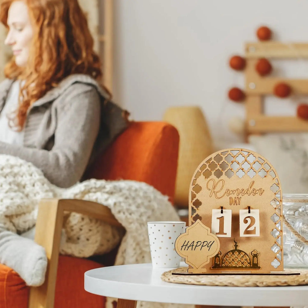 Wooden Ramadan Eid Countdown Calendar Islamic Mubarak-Themed Party Supplies for Home Room Decoration Indoor Desk Accessory