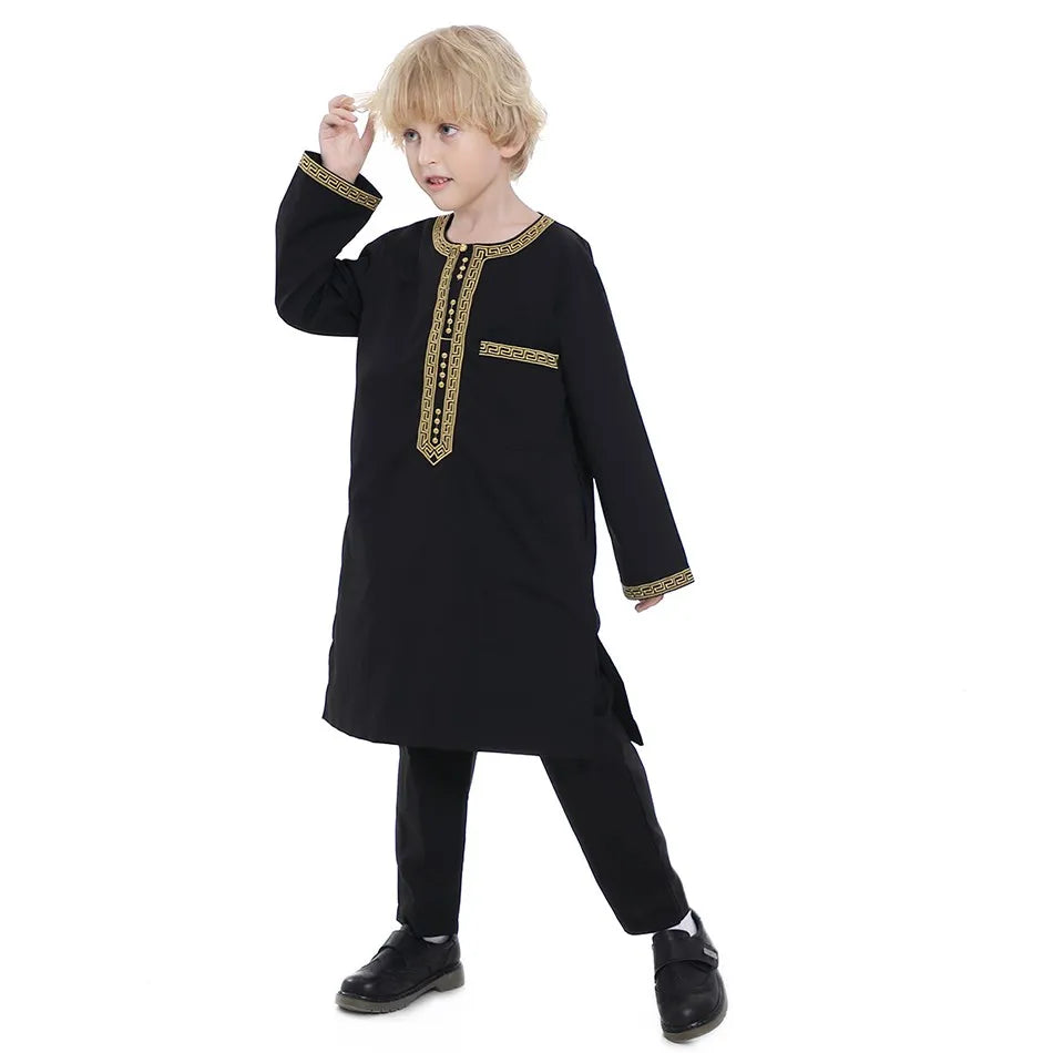 Ramadan Eid Muslim Boys Clothing Set Arab Thobe 2-Piece Outfit Long Sleeve Traditional for Kids Summer National Festival Costume