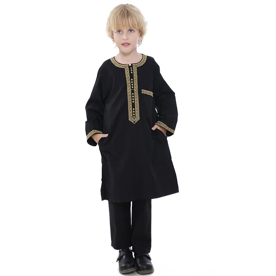 Ramadan Eid Muslim Boys Clothing Set Arab Thobe 2-Piece Outfit Long Sleeve Traditional for Kids Summer National Festival Costume