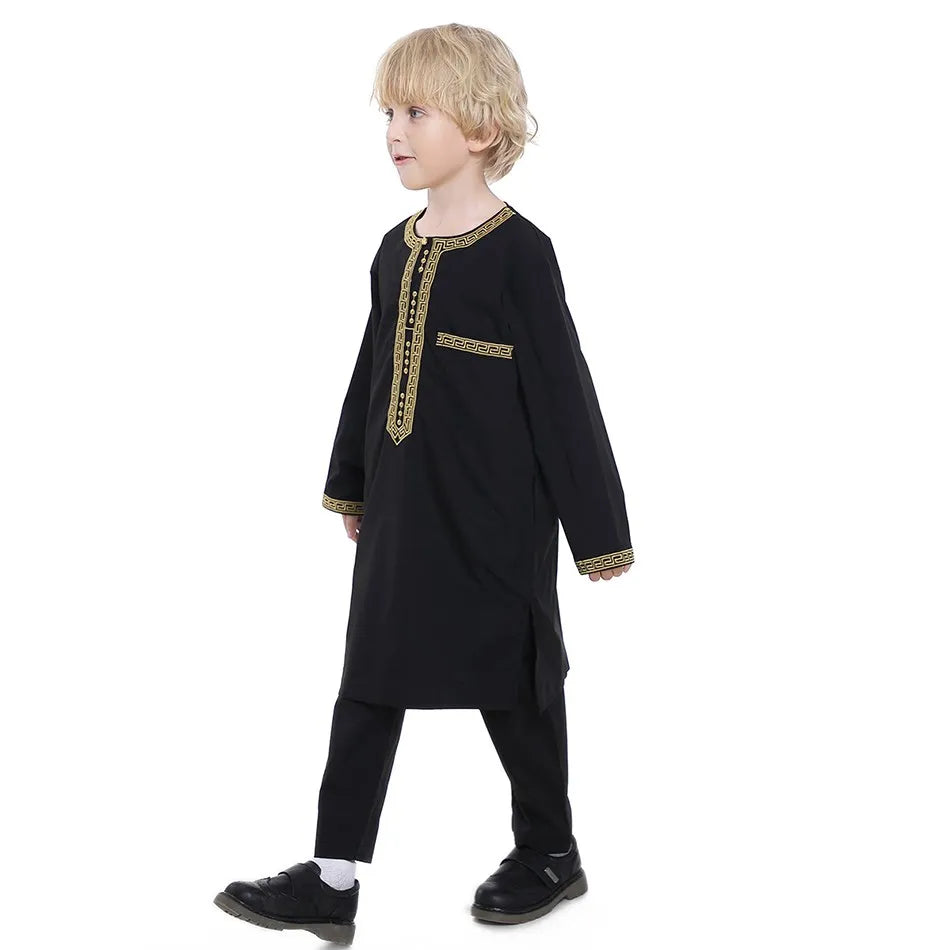 Ramadan Eid Muslim Boys Clothing Set Arab Thobe 2-Piece Outfit Long Sleeve Traditional for Kids Summer National Festival Costume