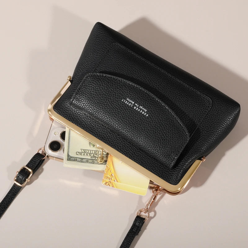 Women's Elegant PU Leather Clutch Wallet, Modern Kiss Lock & Zipper Design, Crossbody Bag With Adjustable Strap