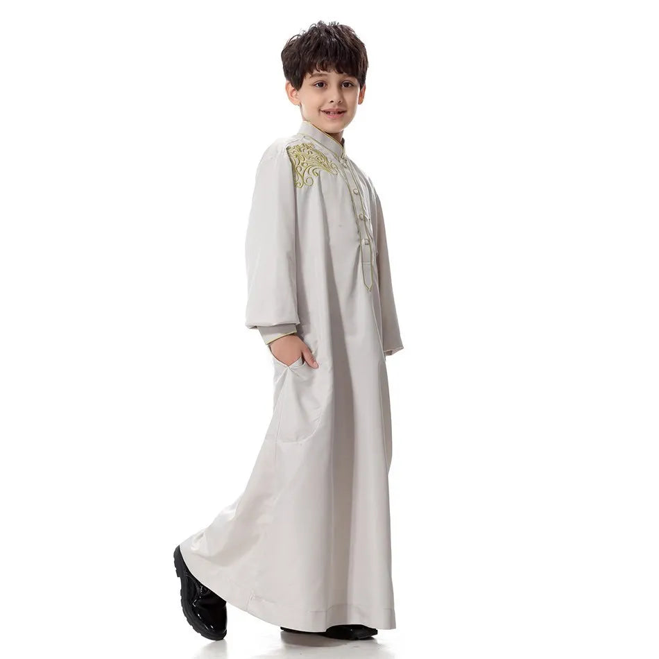 2025 New Kids Robe Children Embroidery Outfit Boys Ramadan Thawb Teens Long Sleeve National Clothes Arab Muslim Thobe 5-12 Years