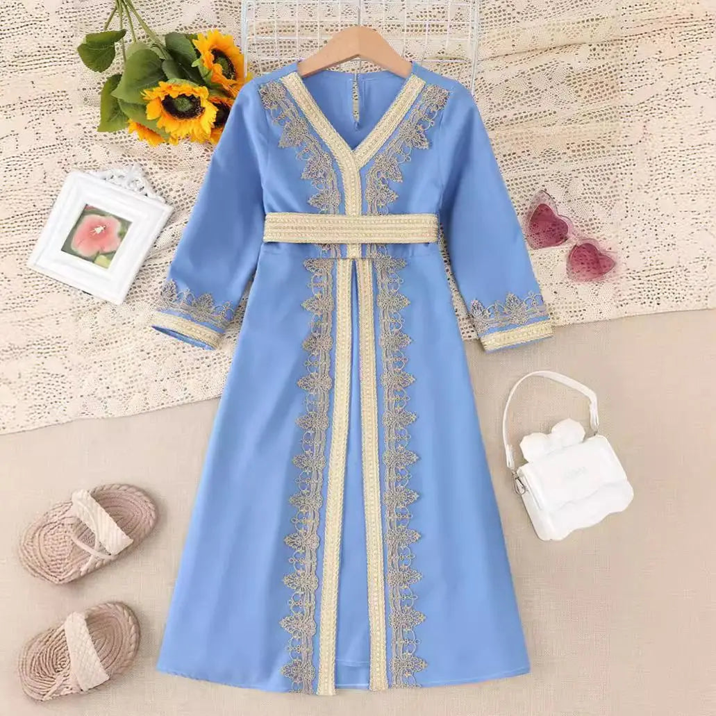New Girl Ethnic Kaftan Dress Fashion Muslim Child Lace With Bow Belt Long Sleeves Dubai Banquet Gown Dress