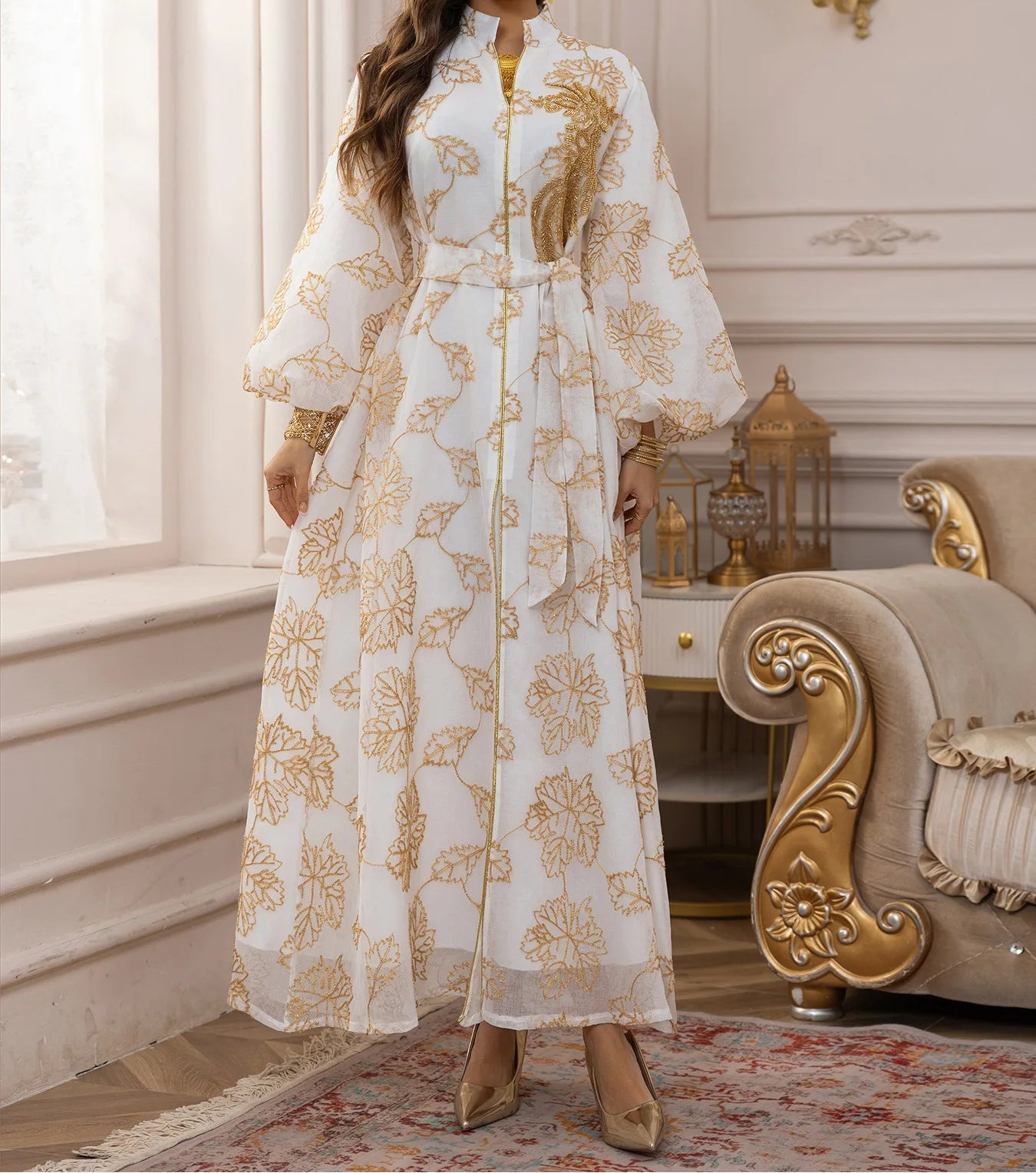 Luxury Muslim Abaya White Base Gold Floral Embroidered Long Dress with Belted Waist Elegant Modest Islam Formal Wear  Dubai
