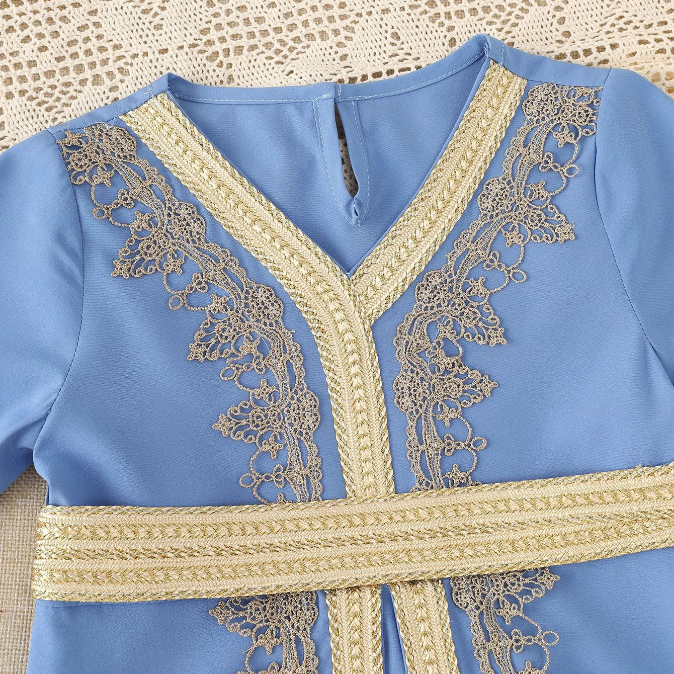 New Girl Ethnic Kaftan Dress Fashion Muslim Child Lace With Bow Belt Long Sleeves Dubai Banquet Gown Dress