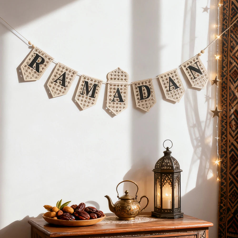 Ramadan Mubarak Banner - Hollow Lantern Hanging Garland for Islamic Muslim Eid Festival Home Party Ornament Wall Decor Supplies