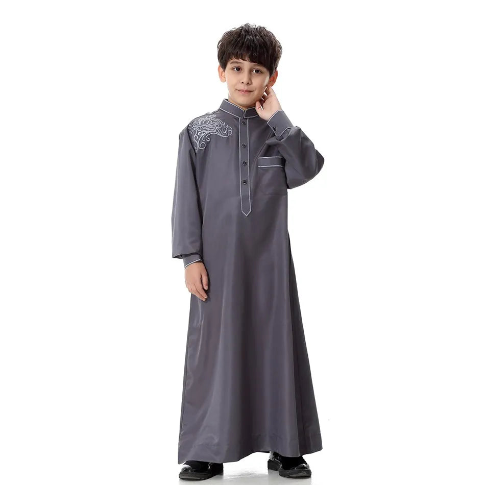 2025 New Kids Robe Children Embroidery Outfit Boys Ramadan Thawb Teens Long Sleeve National Clothes Arab Muslim Thobe 5-12 Years