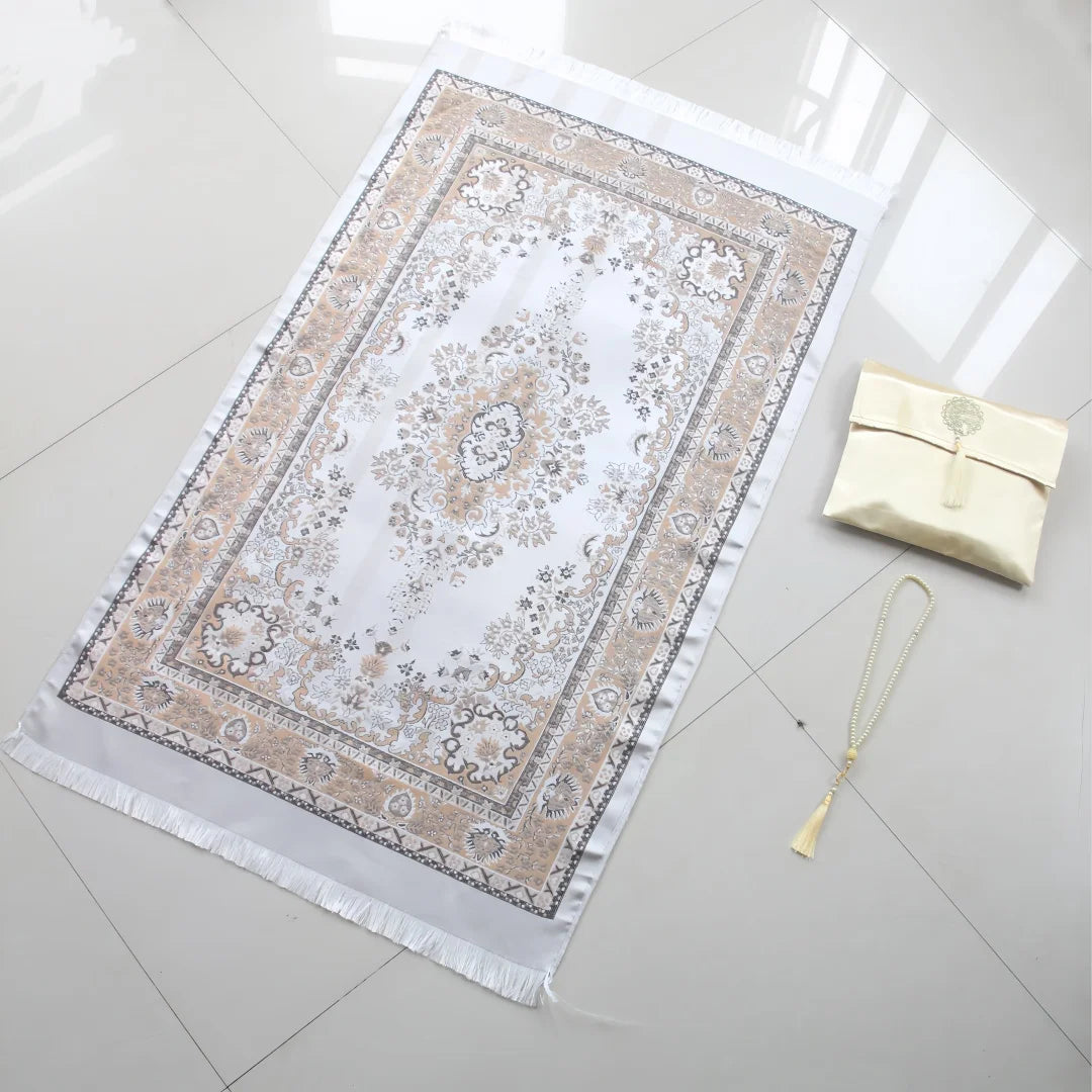 Muslim Prayer Rug and Beads with Portable Elegant Fabric Bag Soft Islamic Prayers Rug Islamic Gifts for Eid Travel Prayer Mat
