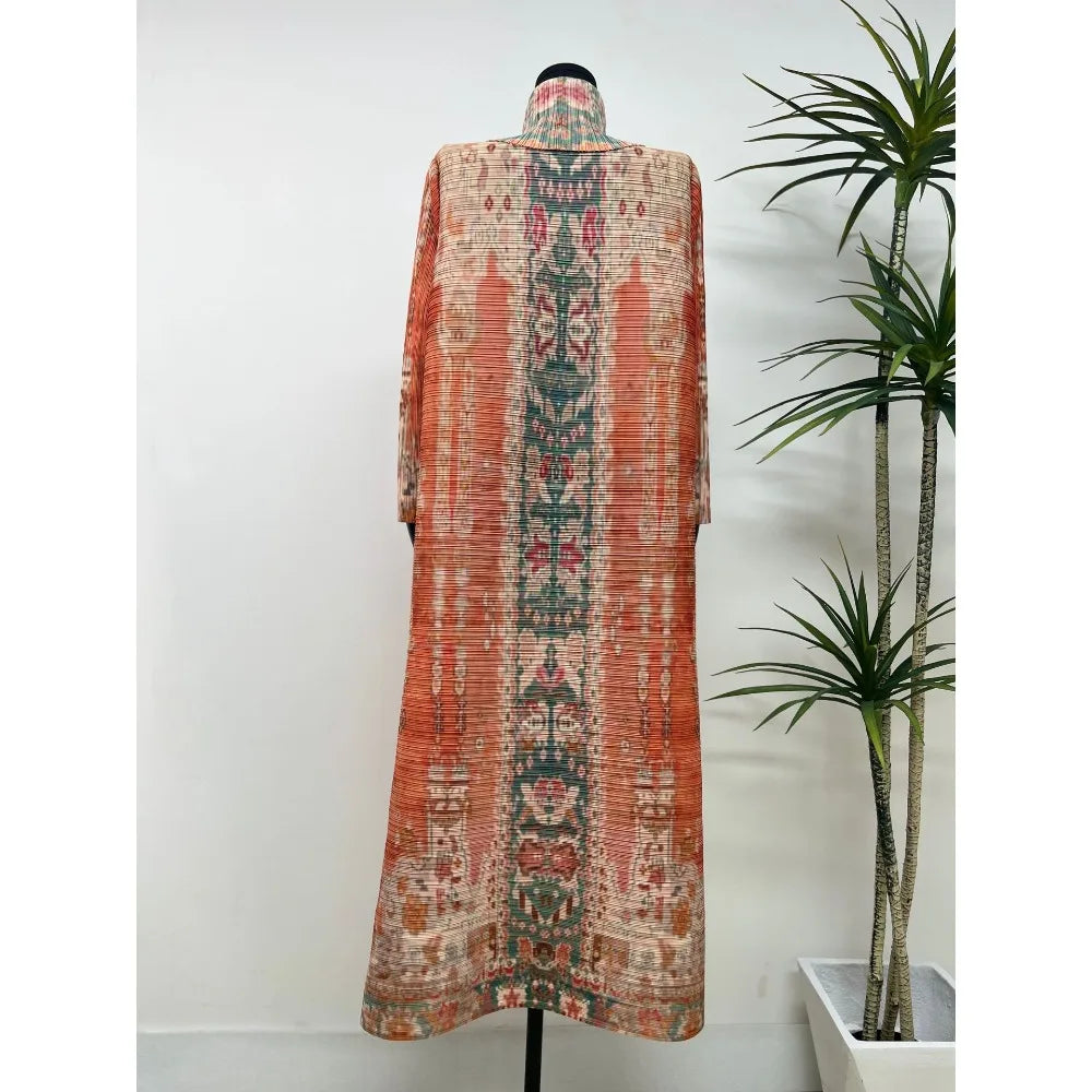 Miyake Pleated Women's Long Cardigan Windbreaker Coat Autumn New Ethnic Style Printing Loose Plus Size Dress Cloak Robe