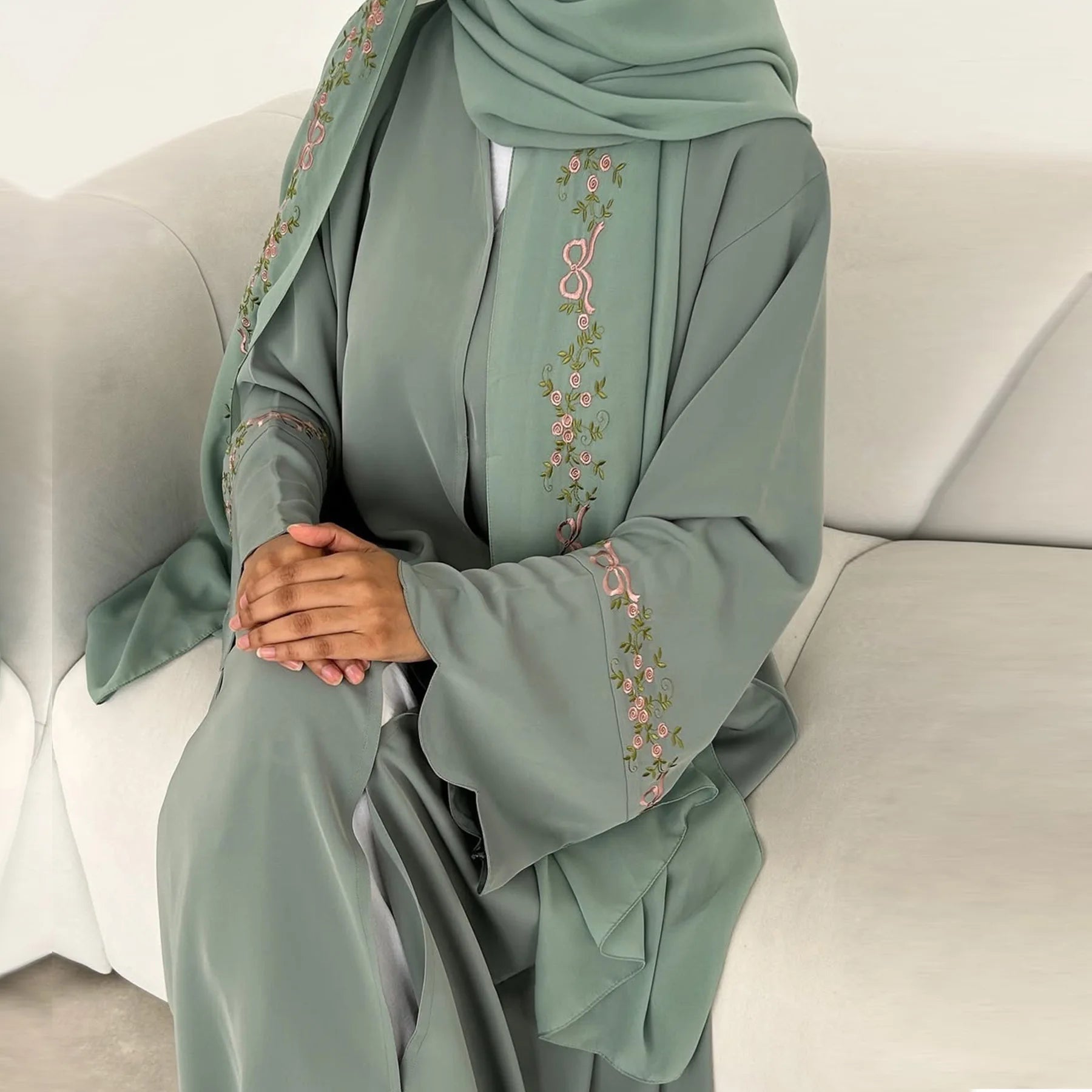 Embroidery Open Abaya and Hijab 2 Piece Set Muslim Dress Abayas for Women Dubai Luxury Islamic Clothing Kaftan Robe Ramadan Eid