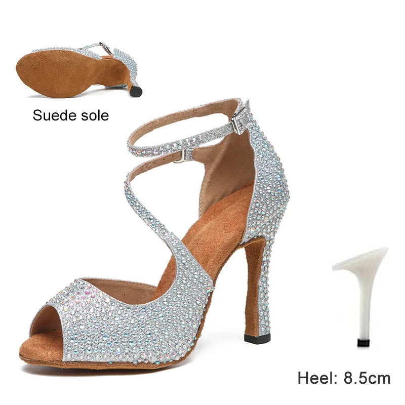 Dance Shoes For Women Ballroom Tango Rhinestones Dancing Shoes High Heels Black/Silver/Gold Women's Wedding Shoes