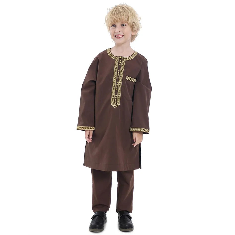 Ramadan Eid Muslim Boys Clothing Set Arab Thobe 2-Piece Outfit Long Sleeve Traditional for Kids Summer National Festival Costume
