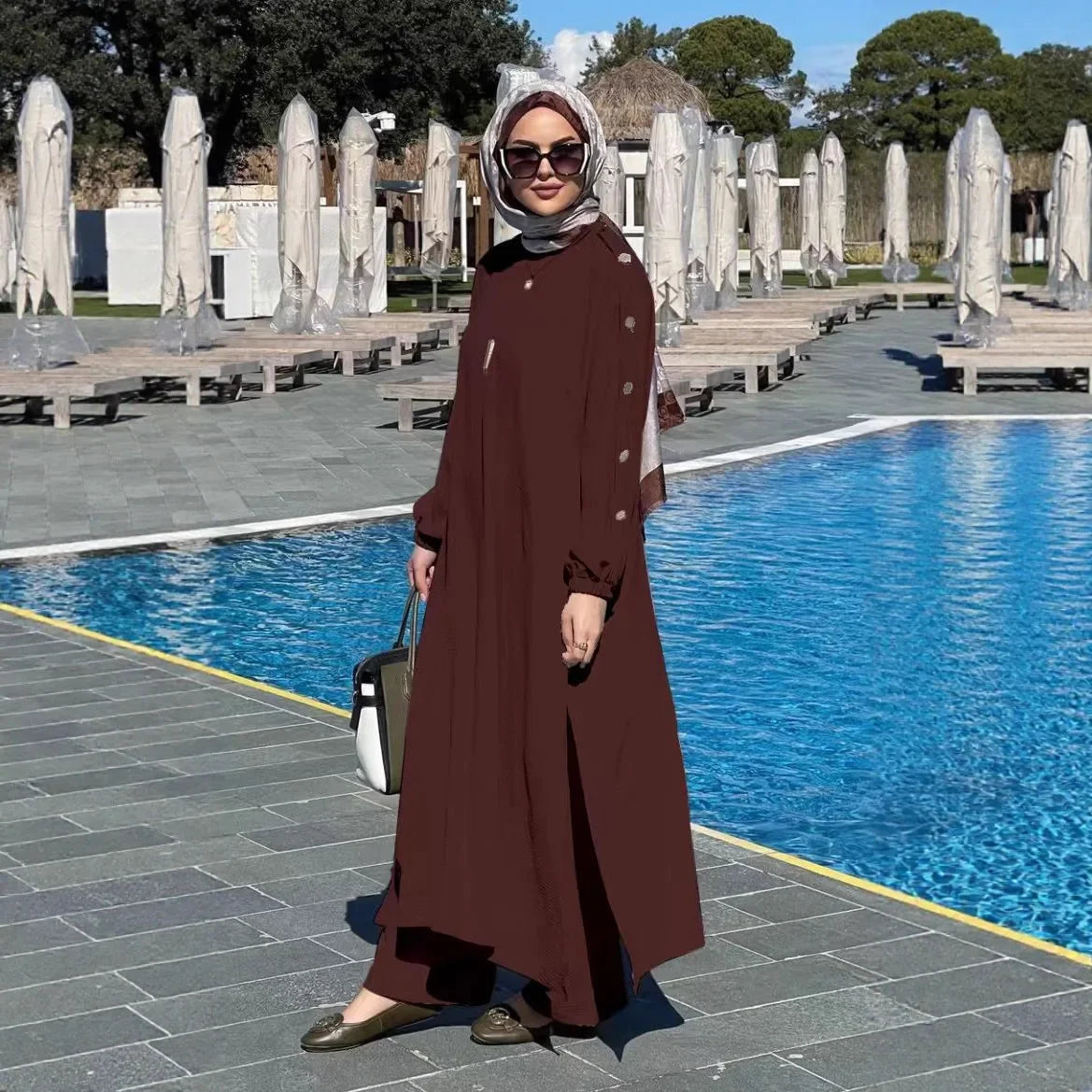 New Muslim Women's Long Bubble Sleeve round Neck Gold Button Loose Casual Fashion Solid Color Set with Pocket