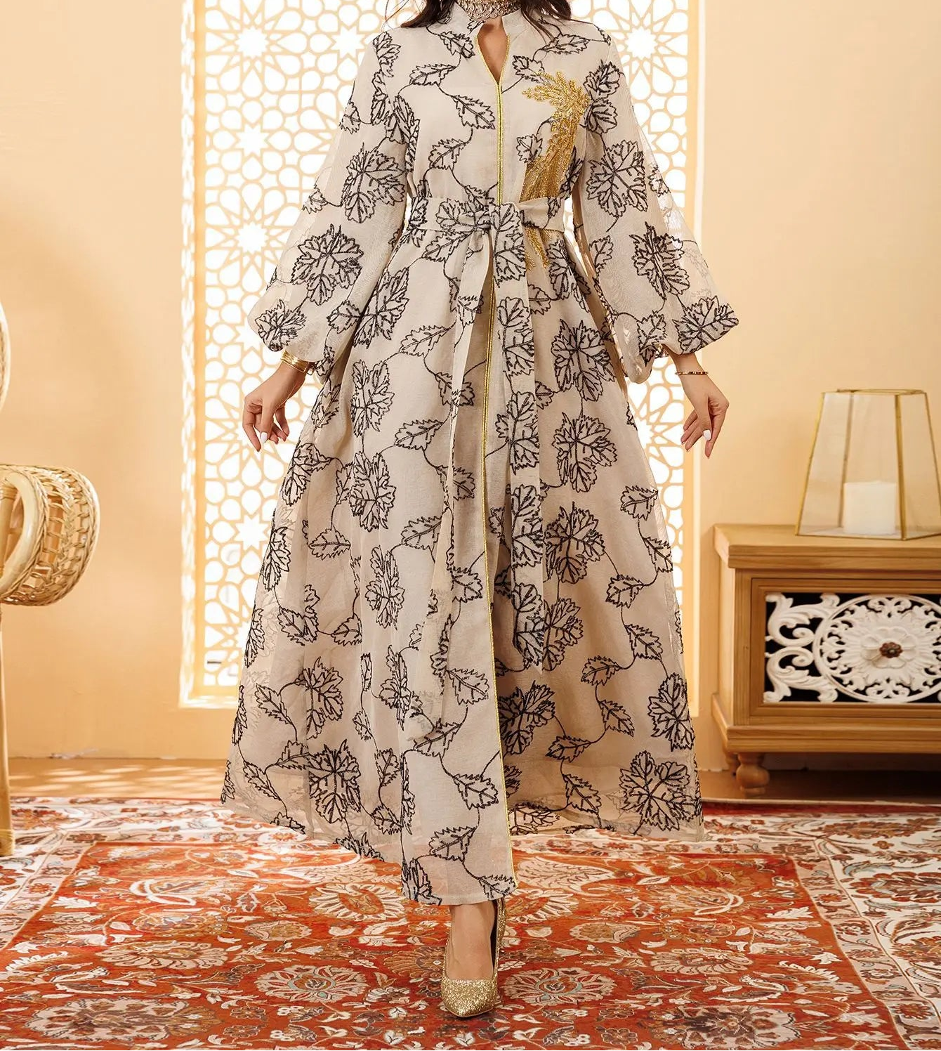 Luxury Muslim Abaya White Base Gold Floral Embroidered Long Dress with Belted Waist Elegant Modest Islam Formal Wear  Dubai