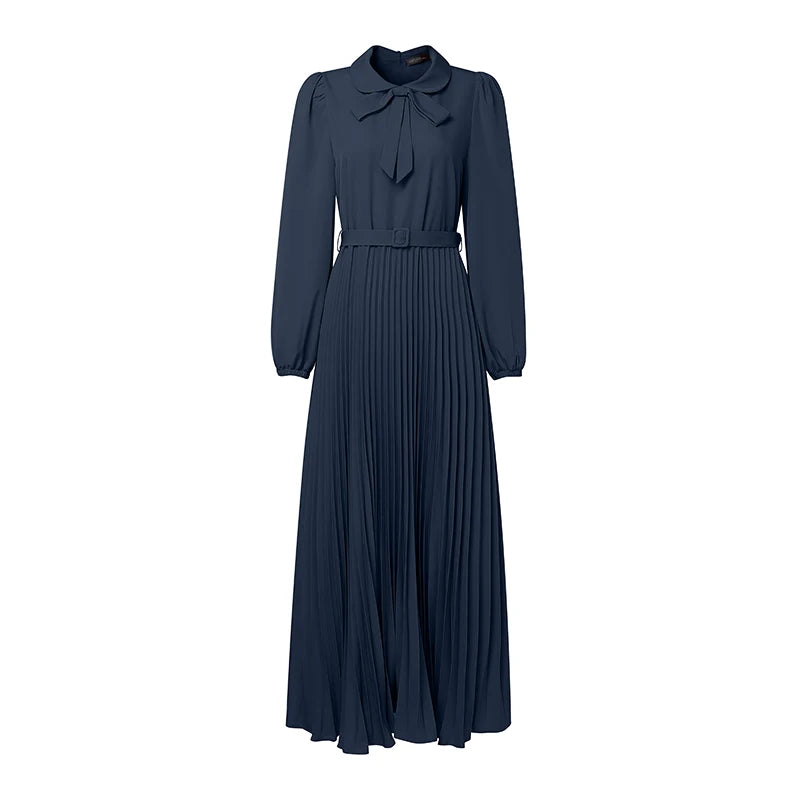 Dress Abaya Women Long Lantern Sleeve Pleated Sundress Belted Robe Femme Work Dresses