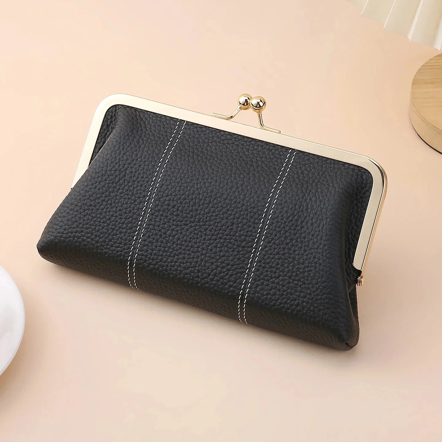 Genuine Leather Ladies Multi-Functional Clip-On Wallet Long Dinner Bag Lychee Pattern Top Layer Cowhide Handbag Soft Shell