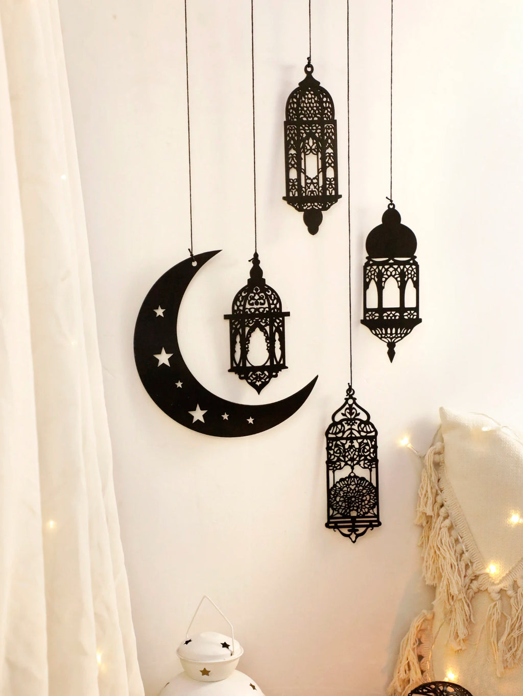 Islamic Moon and Lantern Wall Hanging - Black Wooden Laser-Cut Crescent Moon with Stars Tassels，Eid Home Decor Moroccan Lanterns