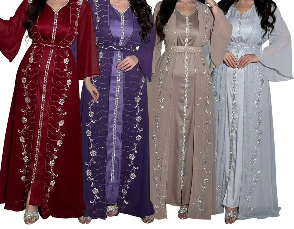 Muslim Set Dress Women Four-season Commute Muslim Set Fashion Party Dubai Turkey Long Sleeve Chiffon Cardigan Dress and Vest 2ps