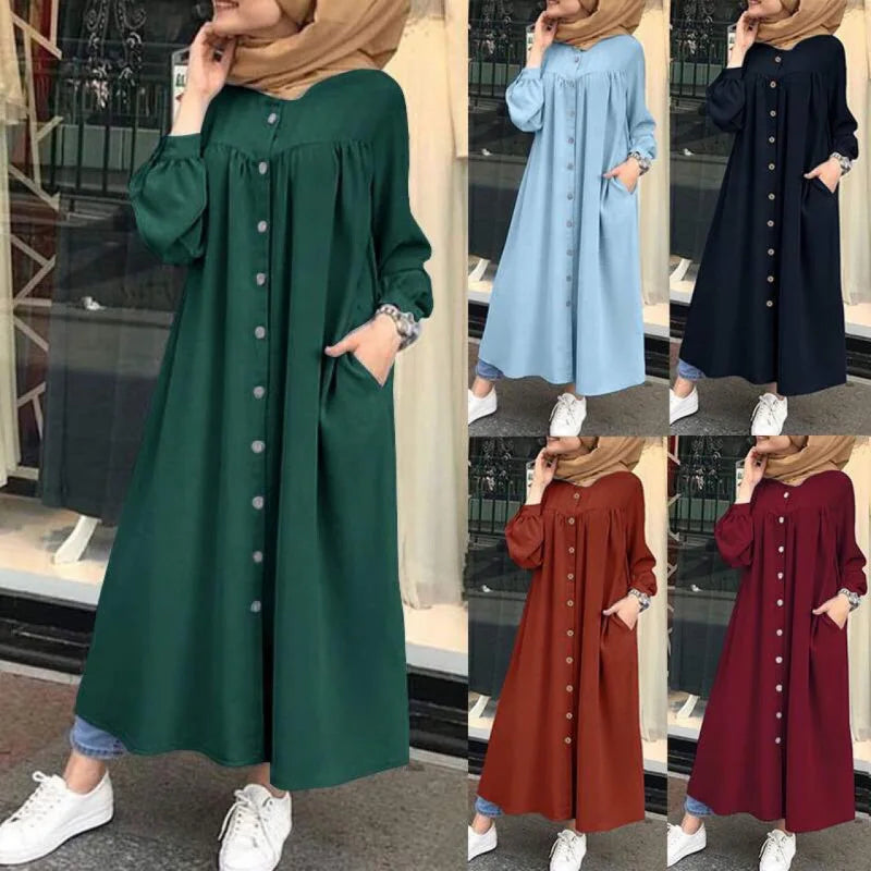 Casual Long Sleeve round Neck Pocket Women's  Muslim Fashion Comfortable Commuting Style Polyester Fiber D...