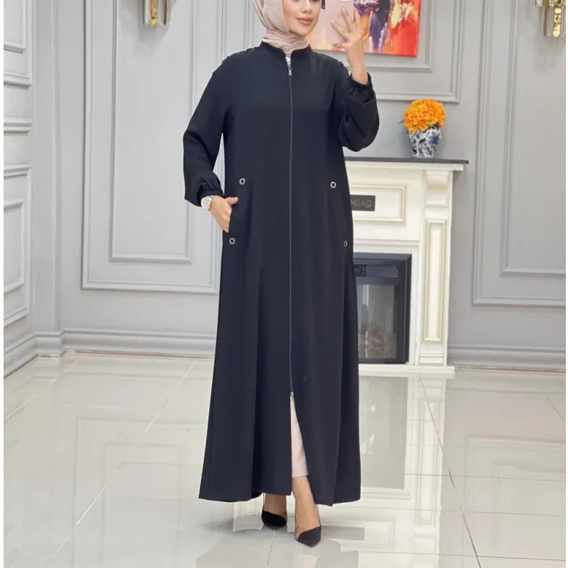 Middle East Dubai New Hot Sale Of The Season Women's Fashion Stand Collar Zipper Pocket Loose Casual Dress Gown Comfortable Eleg