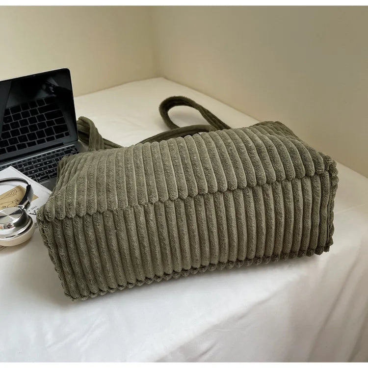Large Capacity Striped Velvet Handbag Shoulder Bag for Woman Handbags Crossbody Bags, Versatile Letter Corduroy Women's Tote Bag