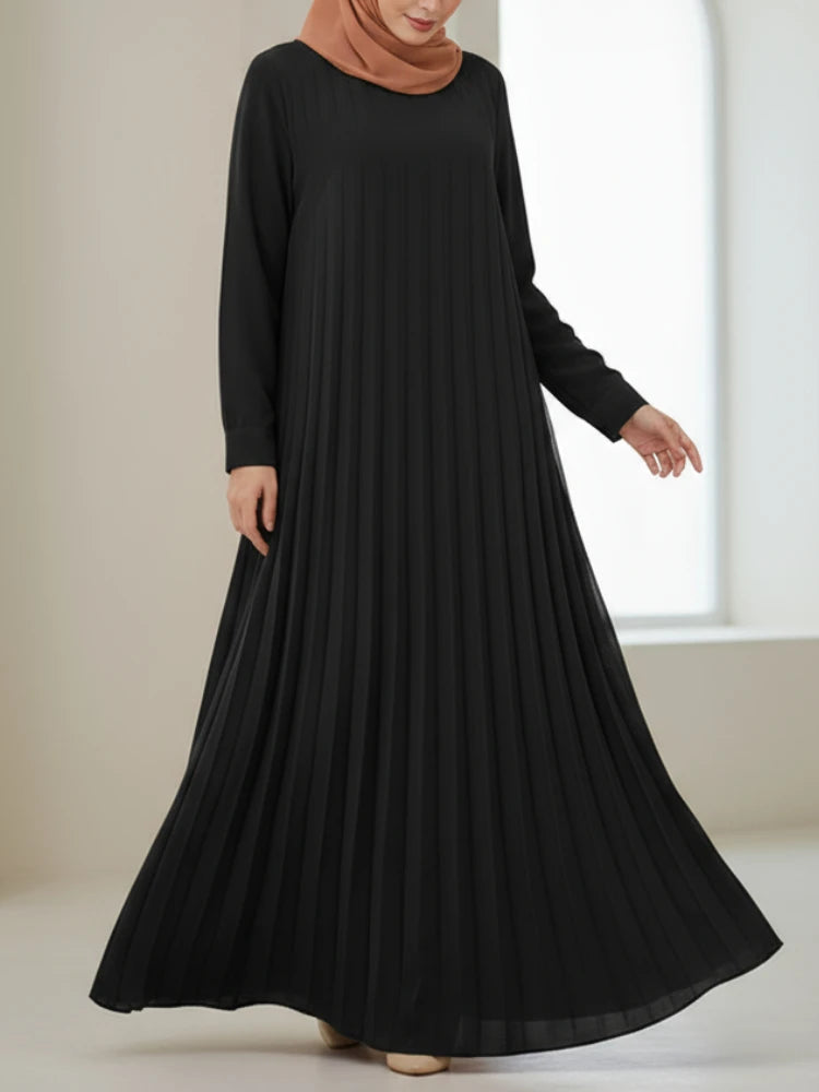 Dresses Women Muslim O-Neck Long Sleeve Belted Pleated Maxi Dress Elegant Loose Abaya Robes