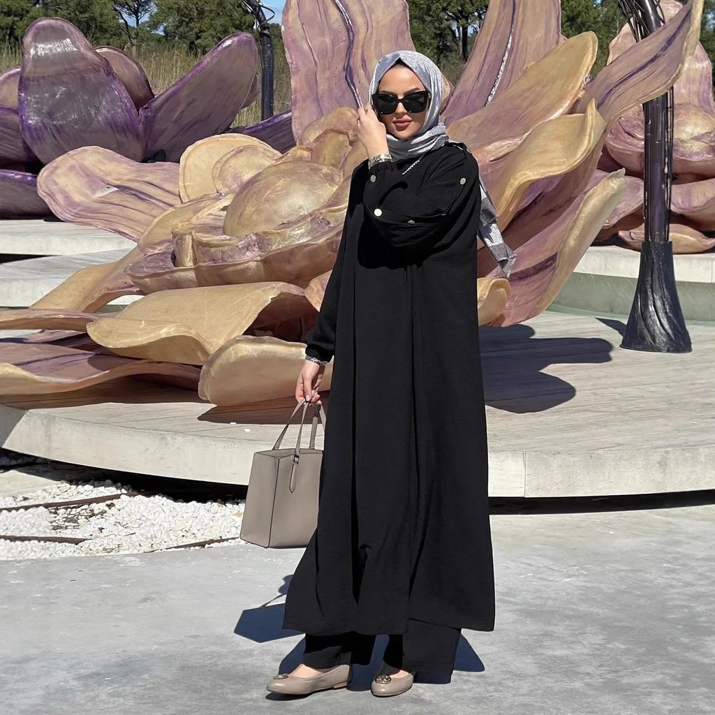 New Muslim Women's Long Bubble Sleeve round Neck Gold Button Loose Casual Fashion Solid Color Set with Pocket